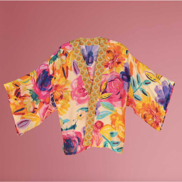 SOLD*** Powder Kimono Jacket Floral Frenzy Modal Boho Hippie Art to Wear - Picture 3 of 8